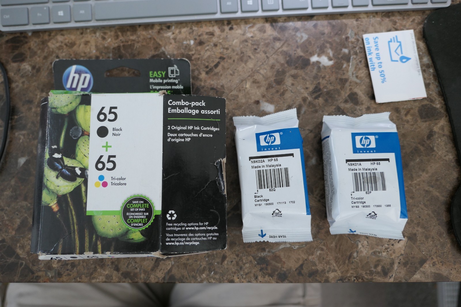 HP 65 Black & Tri-Color Ink Cartridge 2-Pack OEM Genuine NEW Sealed exp. 2019
