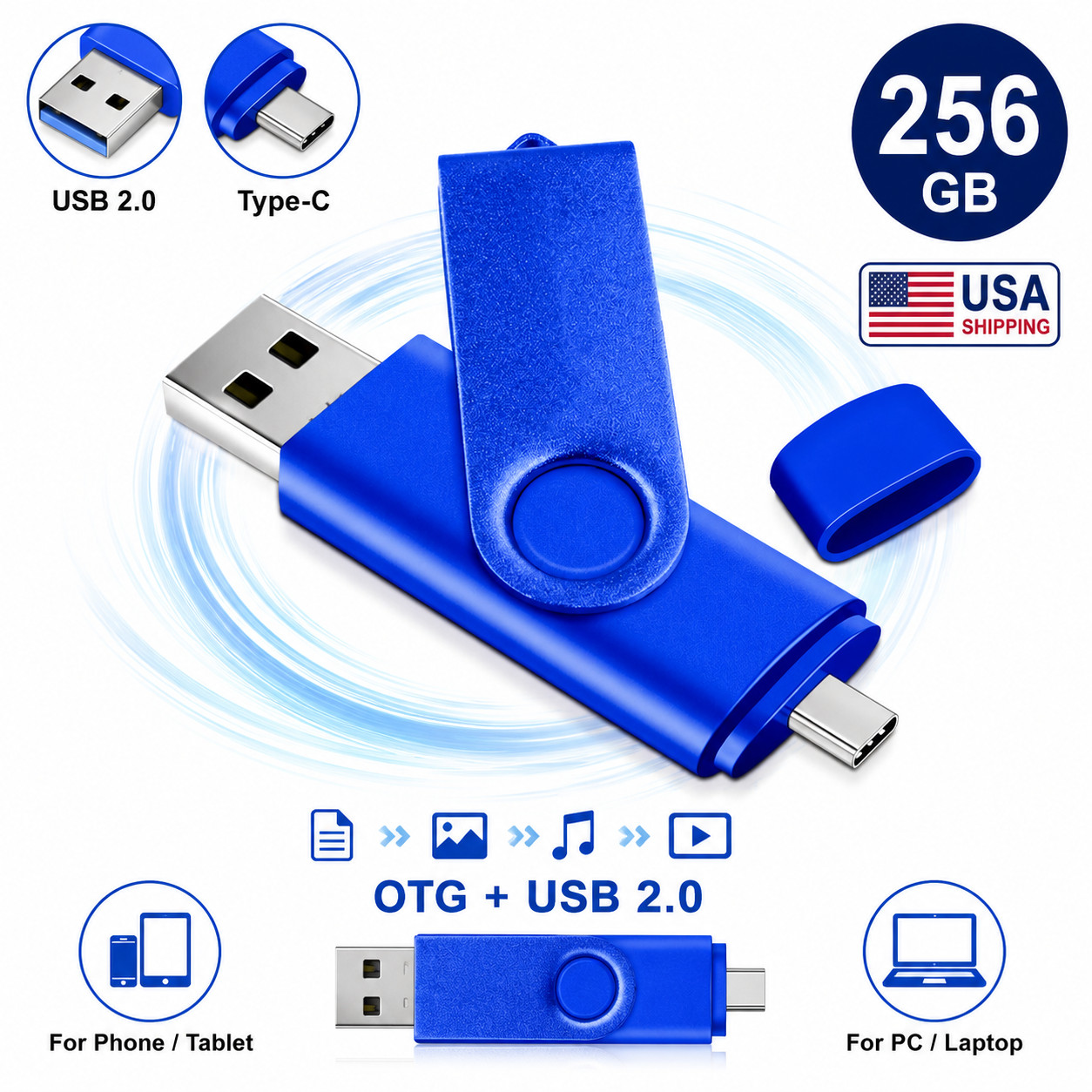 256GB USB 2.0 USB-A & USB-C Flash Drive Dual Connector Portable