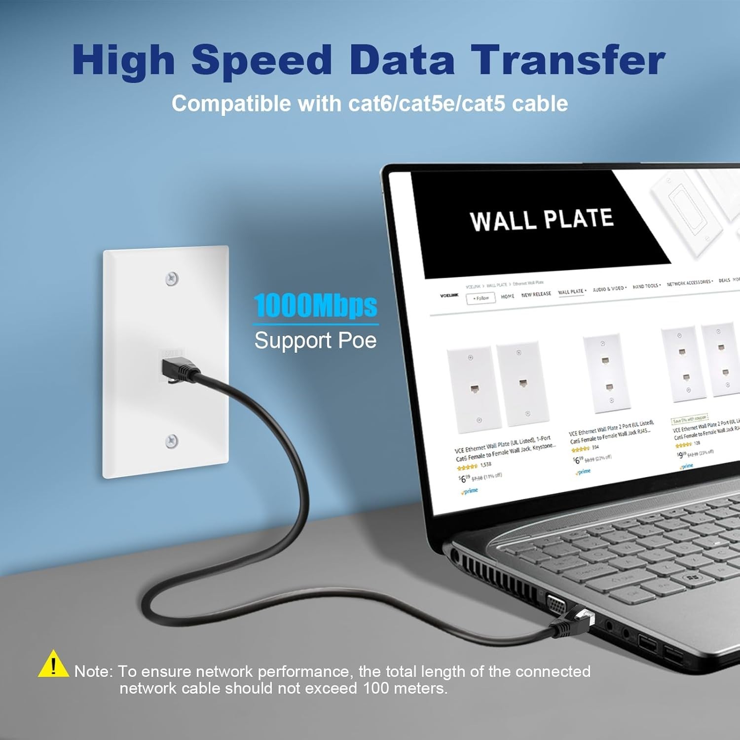 (2x) 1-Port Ethernet Wall Plate 2x CAT6 Single Gang Keystone Network w/ Bracket