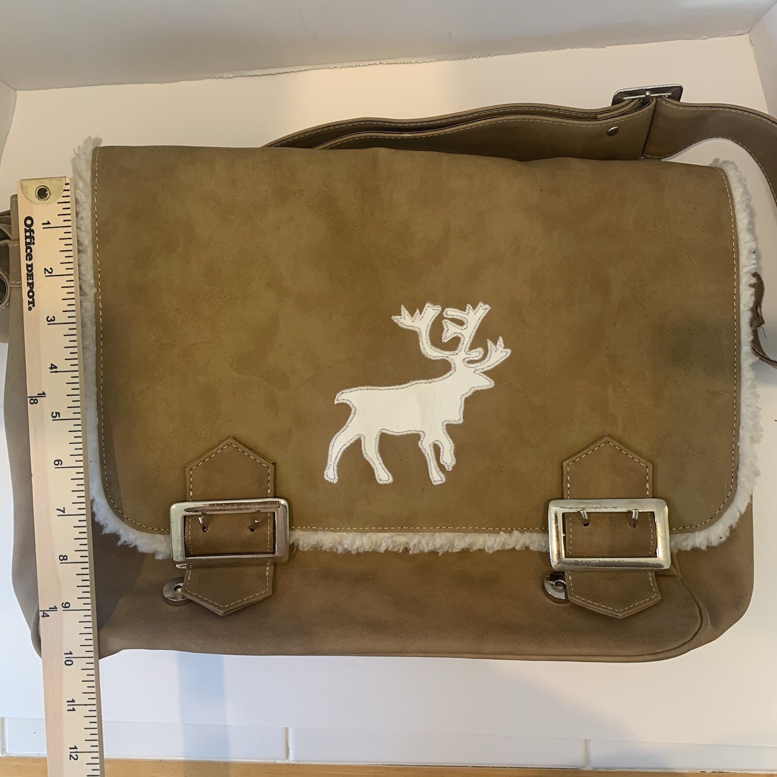 LAZIS Faux Suede Messenger /Computer Bag Sherpa Trim – Tan/Brown Unisex