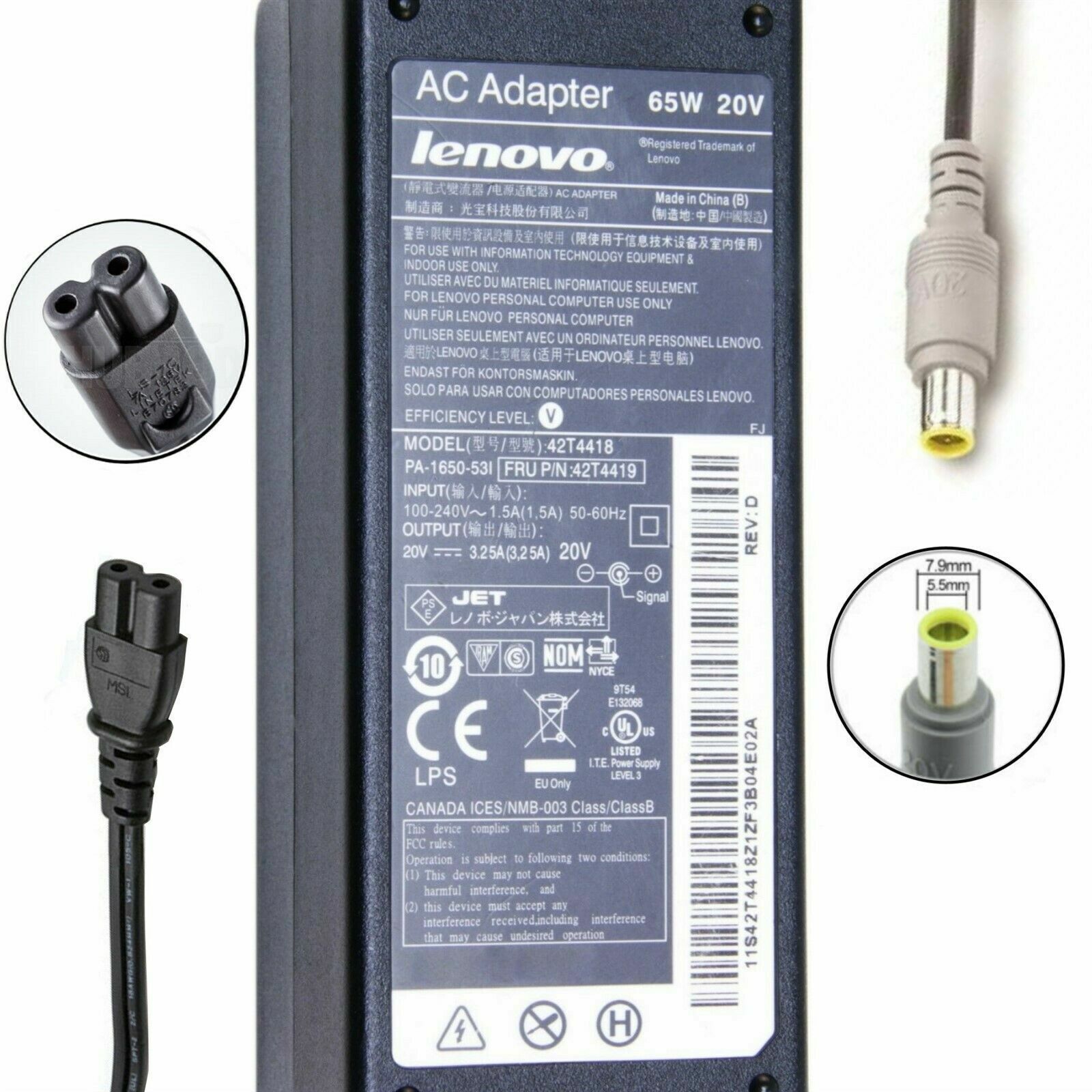 Genuine Lenovo ThinkPad Laptop AC Charger Power Adapter 65W 20V 3.25A ROUND TIP