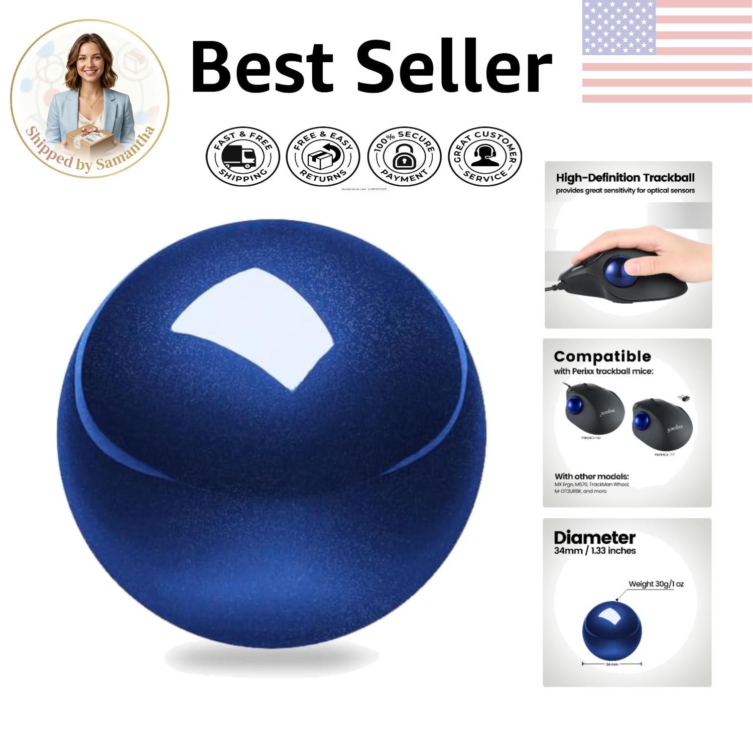 Waterproof 1.34-Inch Trackball in Glossy Blue – Perfect for Ambidextrous Use