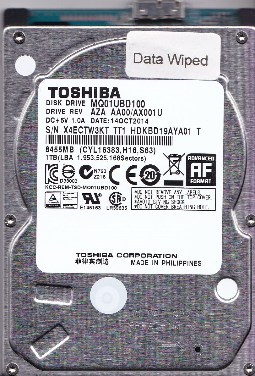 MQ01UBD100 HDKBD19AYA01 T AX001 U 1TB Philippines OCT / 2014 2.5 USB 3.0 TOSHIBA