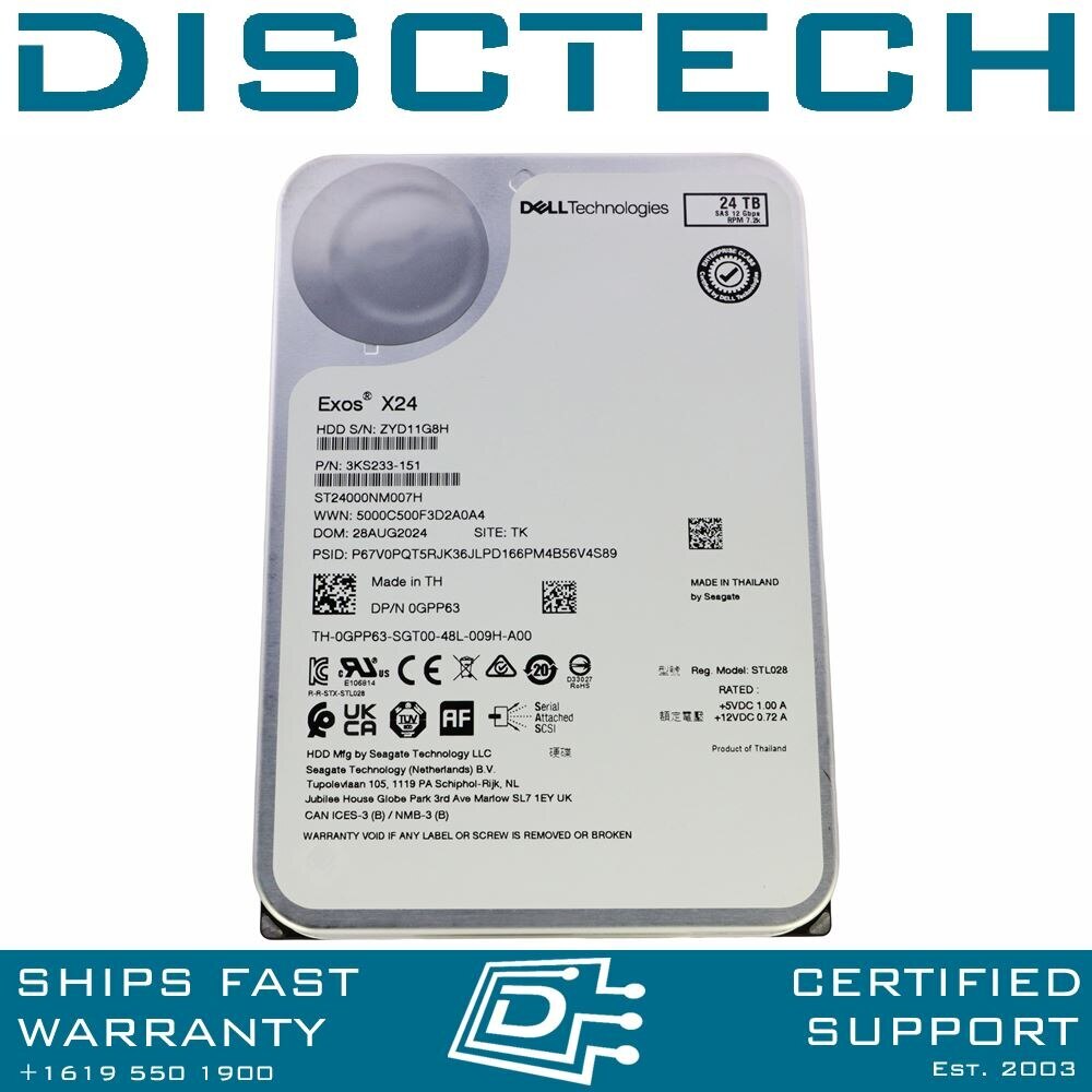 Dell GPP63 /Seagate Exos X24 ST24000NM007H 24TB 3.5in 12Gbps 7.2K Enterprise HDD