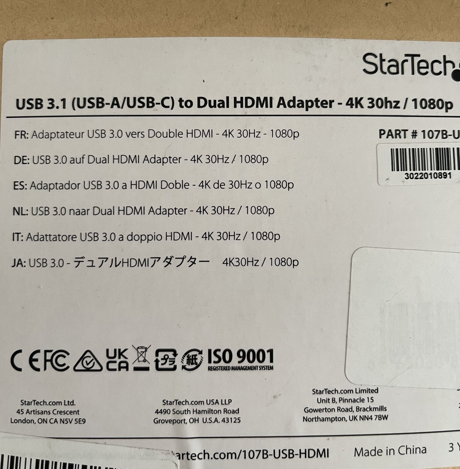StarTech USB 3.1 (USB-A/USB-C) to Dual HDMI Adapter-4K 30hz/1080p #107BUSBHDMI