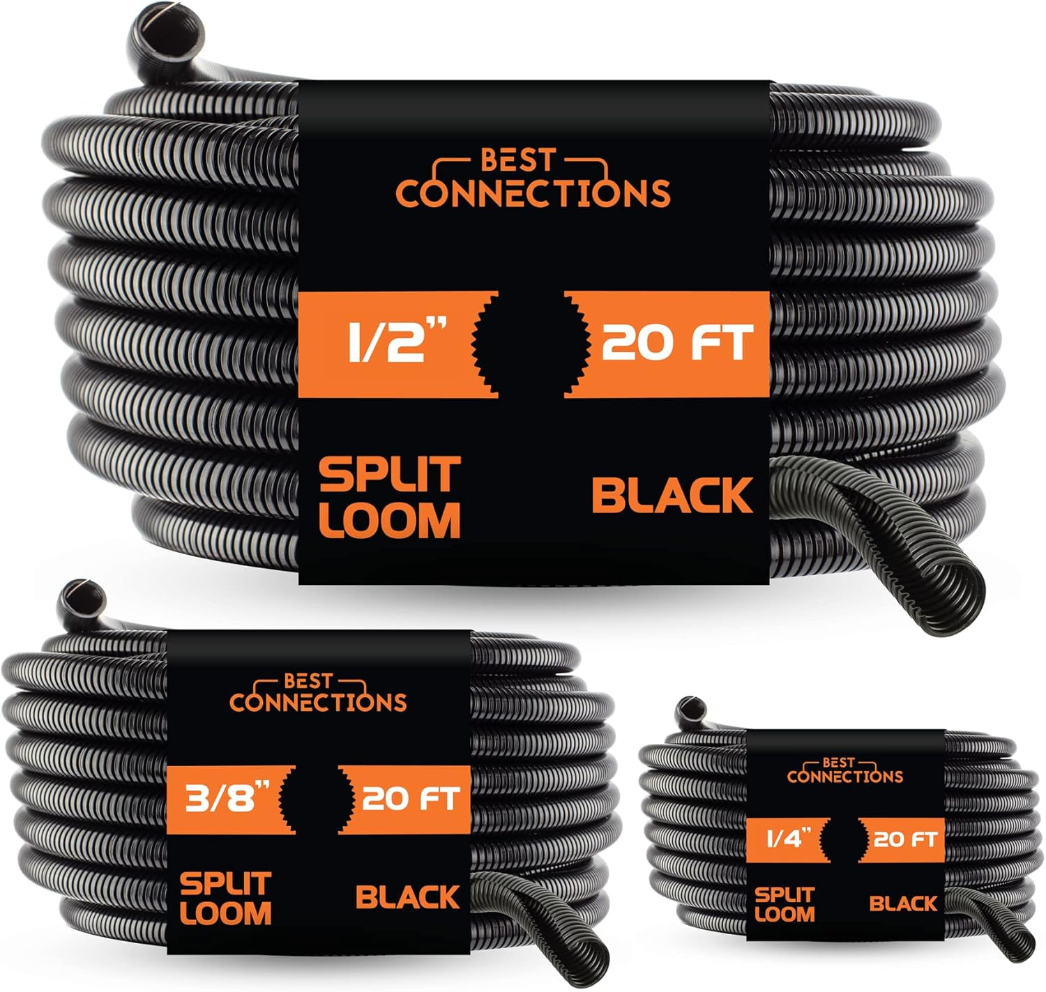 BEST CONNECTIONS 3-Pack (1/4″, 3/8″, 1/2″ X 20 Ft Each) Assorted Split Wire Loom