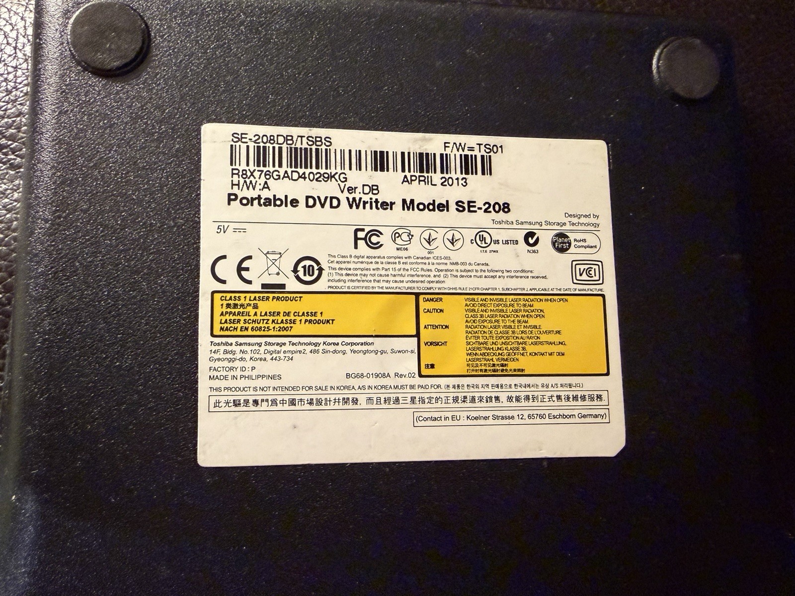 Samsung Slim External Portable DVD Writer Model: SE-208 W/ USB Cable