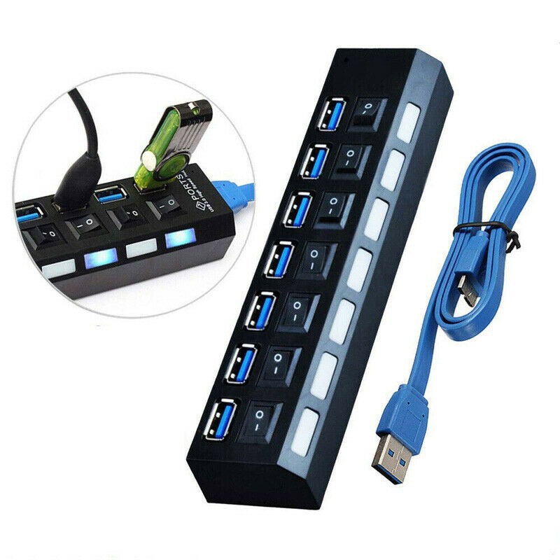 4/7 Port USB 3.0 High Speed HUB Splitter Box With ON/OFF Switch AC Power Adapter