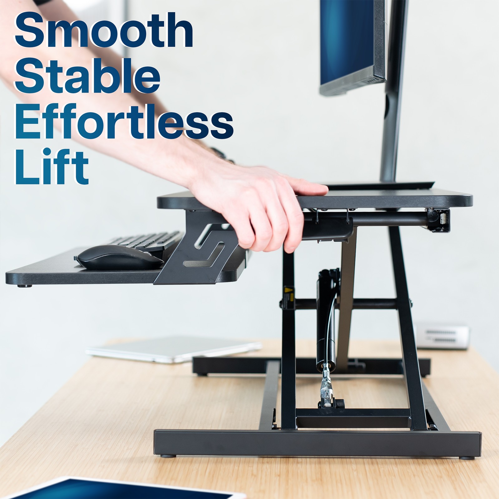 VIVO Black Height Adjustable 32″ Standing Desk Monitor Riser, Sit Stand Tabletop