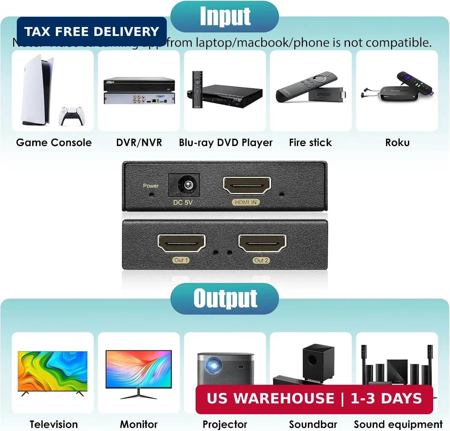 HDMI Splitter 1 in 2 Out 60Hz – HDCP Bypass 2.3, HDR, Dolby/DTS 5.1/7.1 – Com…