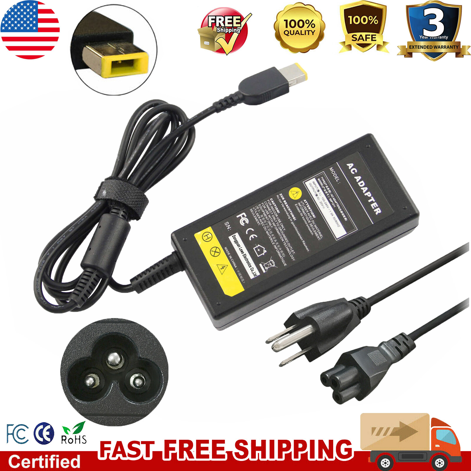 90W 20V 4.5A For Lenovo Laptop Charger AC Adapter Power Supply Square Tip