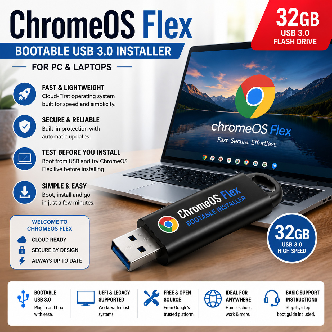 ChromeOS Flex 32GB USB 3.0 Installer – Prepared Bootable Media