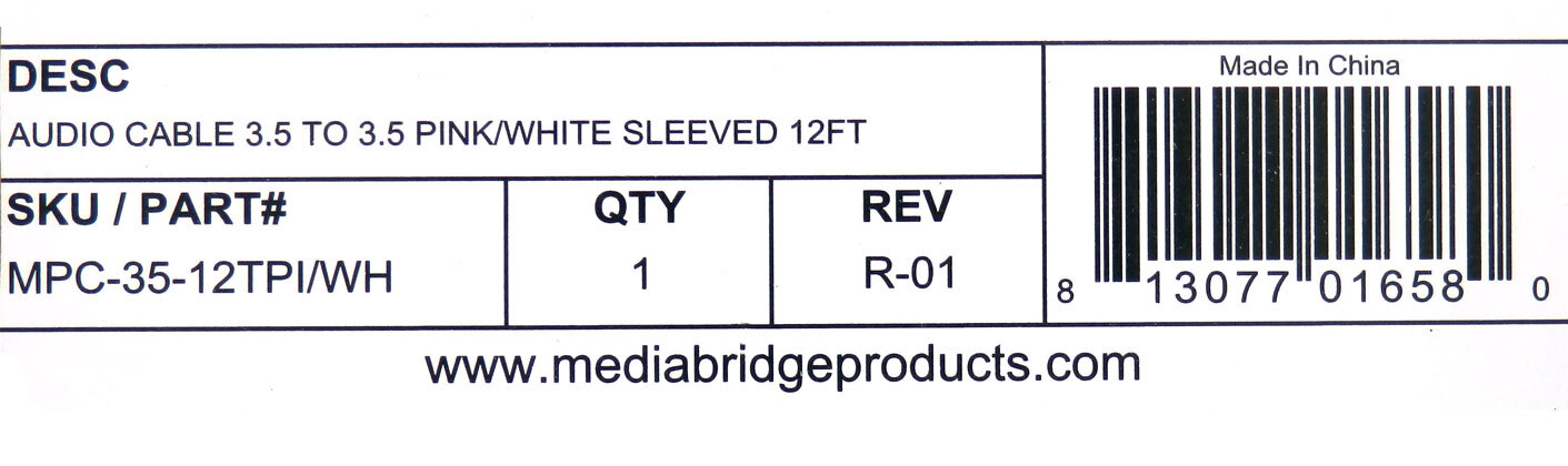 MediaBridge 12Ft Pink & White Tangle-Resistant 3.5mm Audio Cable MPC-35-12TPI/WH