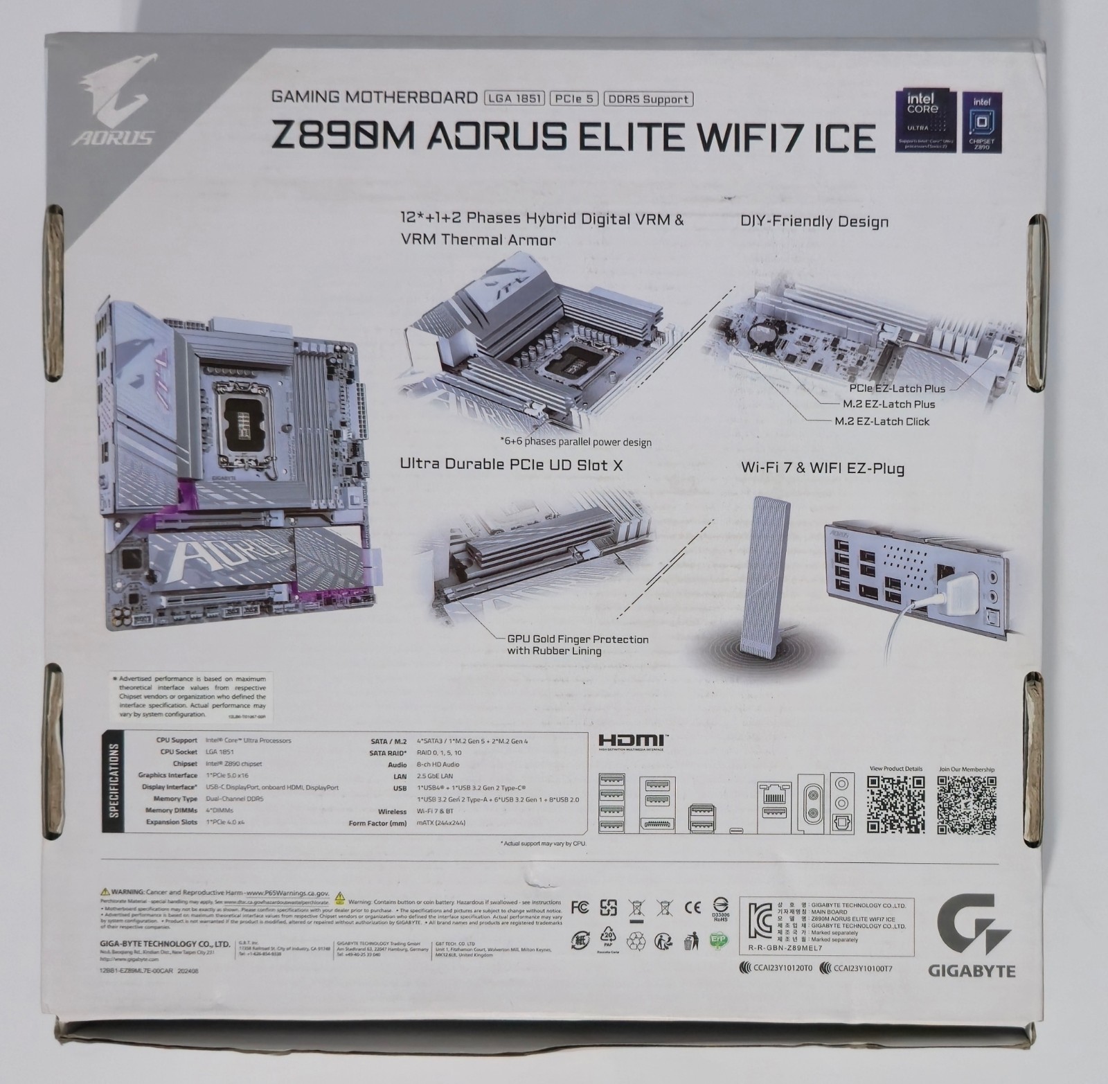 GIGABYTE Z890M AORUS ELITE WIFI7 ICE INTEL MOTHERBOARD (No Wifi Antenna)