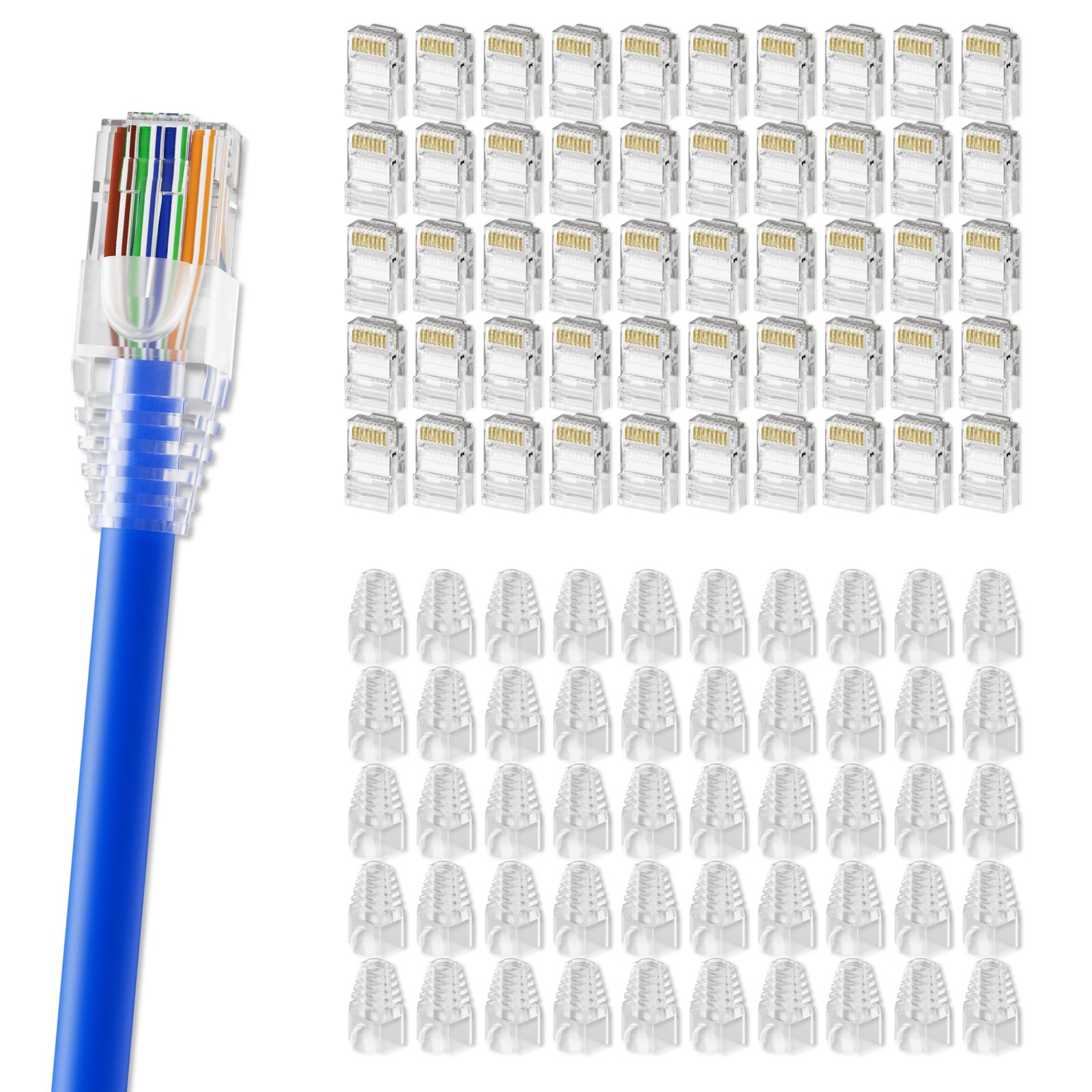 RJ45 Connectors 100+100 Pack – 100 Cat6 Plugs 100 Strain Relief BootsTranspa