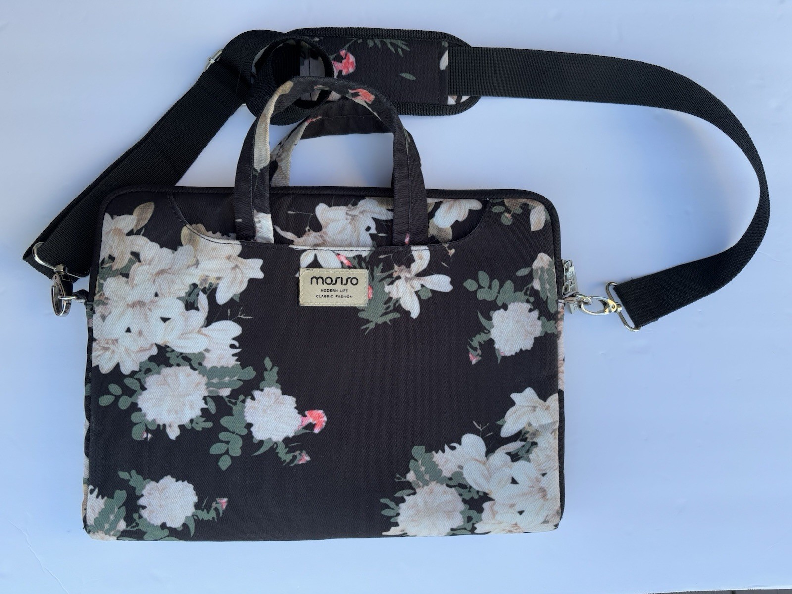 Mosiso 13in Floral Shoulder/Messenger/laptop Bag Padded Zip Strap Black/White