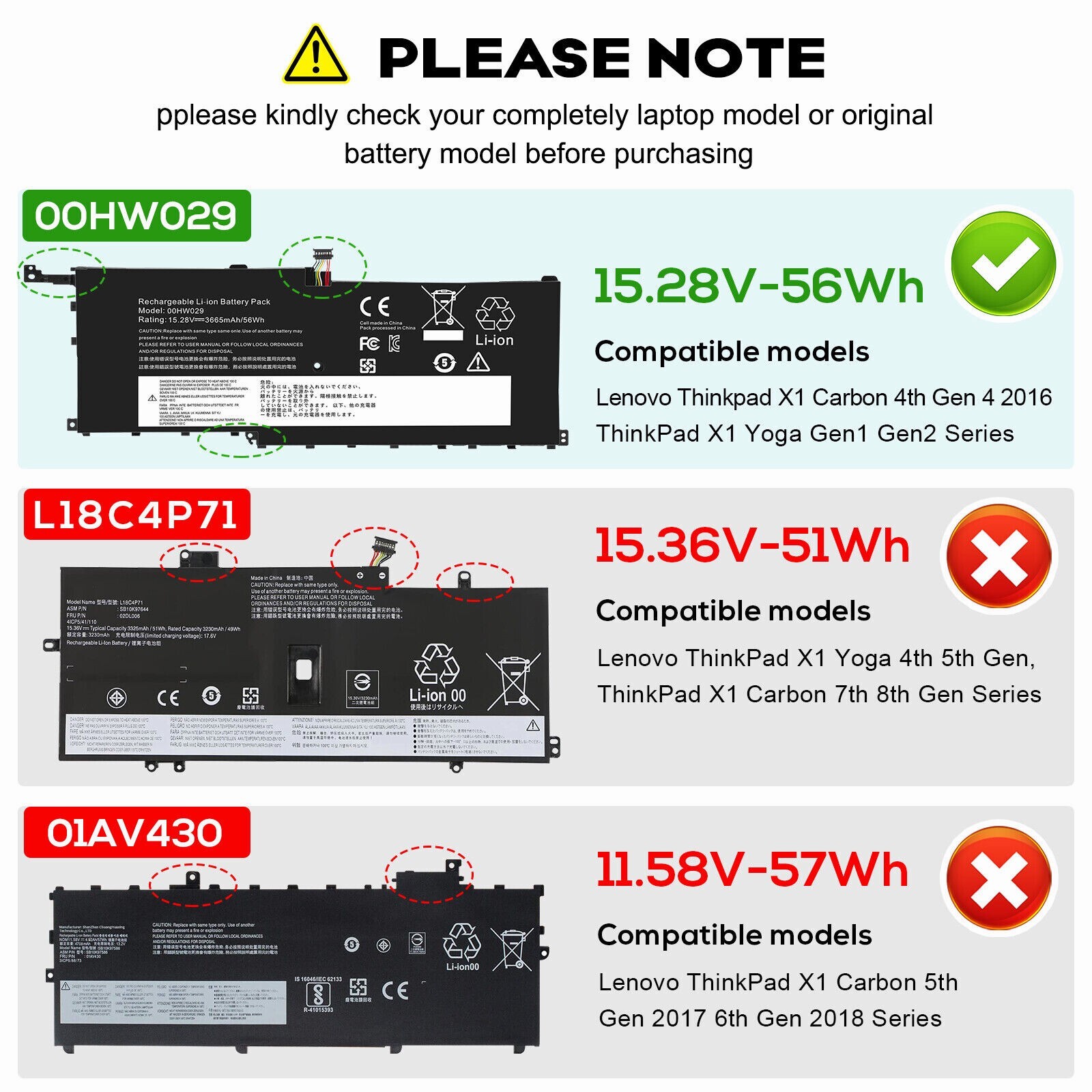 ✅Laptop Battery For lenovo ThinkPad X1 Carbon 4th Gen Yoga 00HW028 00HW029