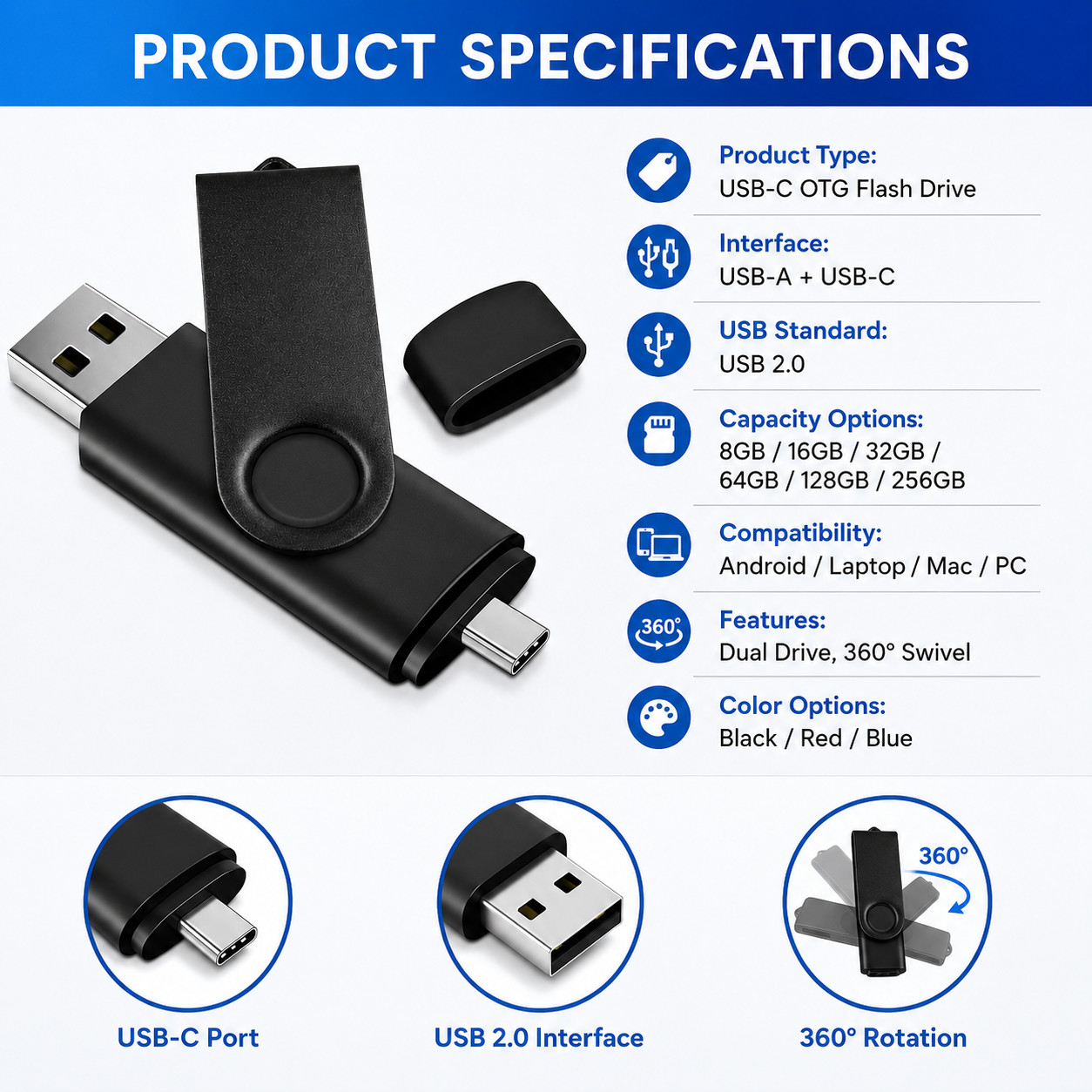 256GB USB 2.0 USB-A & USB-C Flash Drive Dual Connector Portable