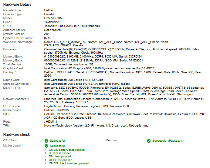 Dell OptiPlex 5050 MFF, i5-7600T CPU, @ 2.80GHz, 16GB RAM, 500GB SSD-No OS/AC