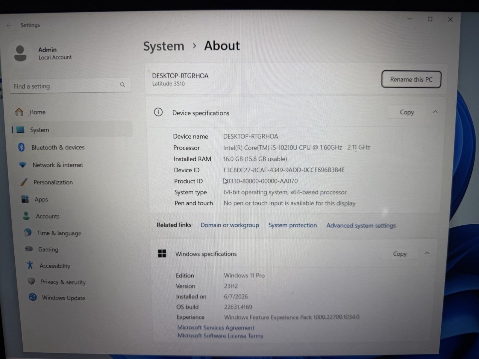 Dell Latitude 3510 15.6″ Intel Core i5-10210U 1.60GHz 16GB RAM 256GB SSD W11P