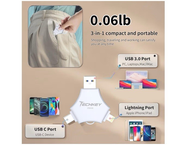 Techkey 256GB 3-in-1 MFi USB Flash Drive USB 3.0/USB-C/Lightning Silver