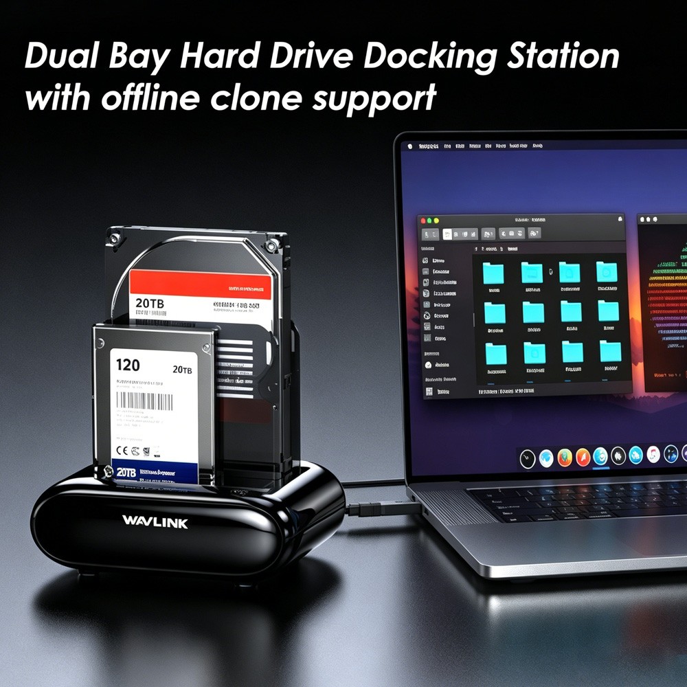 WAVLINK 2.5″ 3.5″ SATA HDD SSD Hard Drive Docking Station Dual Bay 5Gbps 2X20TB