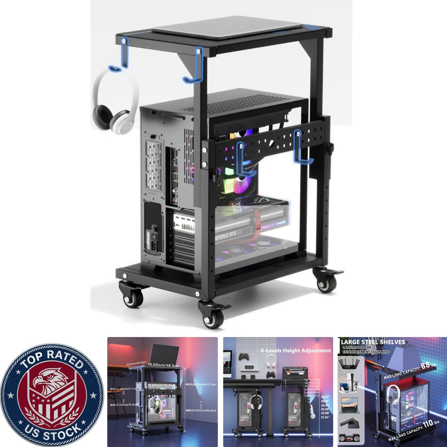 Height Adjustable PC Tower Stand, 2-Tier Rolling CPU Holder for Office & Gaming