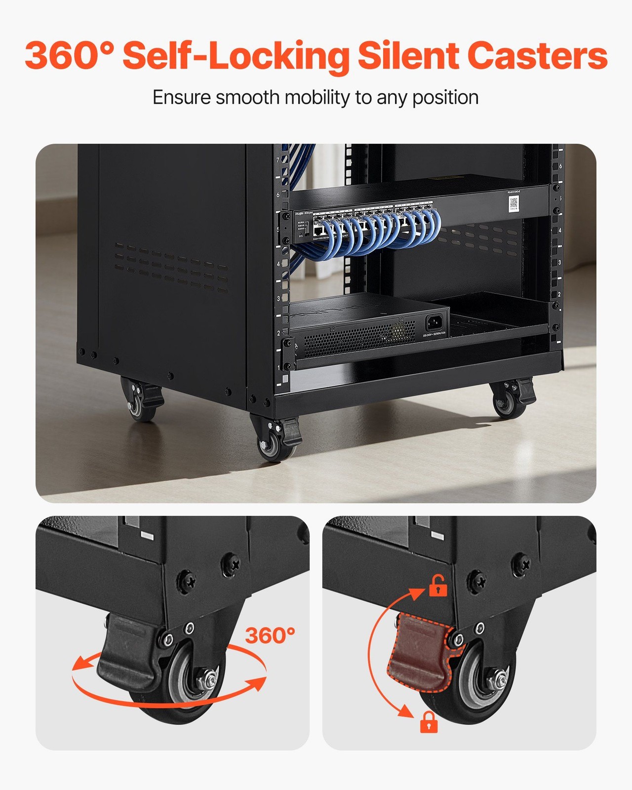 16U 200lb Open Frame AV Rack with Lockable Casters & 19-Inch Ventilation