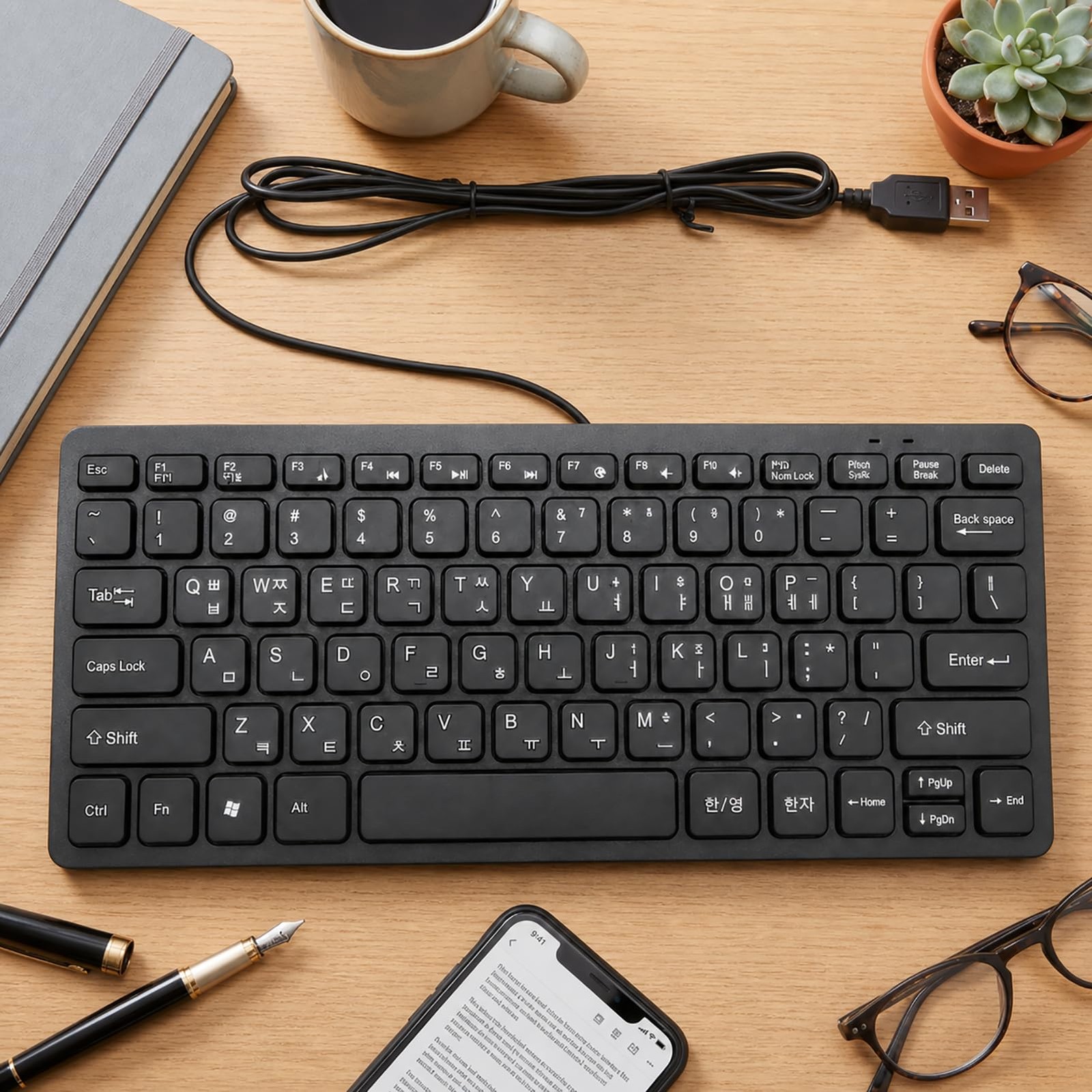 Wired Korean Keyboard, 78 Keys Spill Proof Slim Hangul Layout Keyboard, USB P…