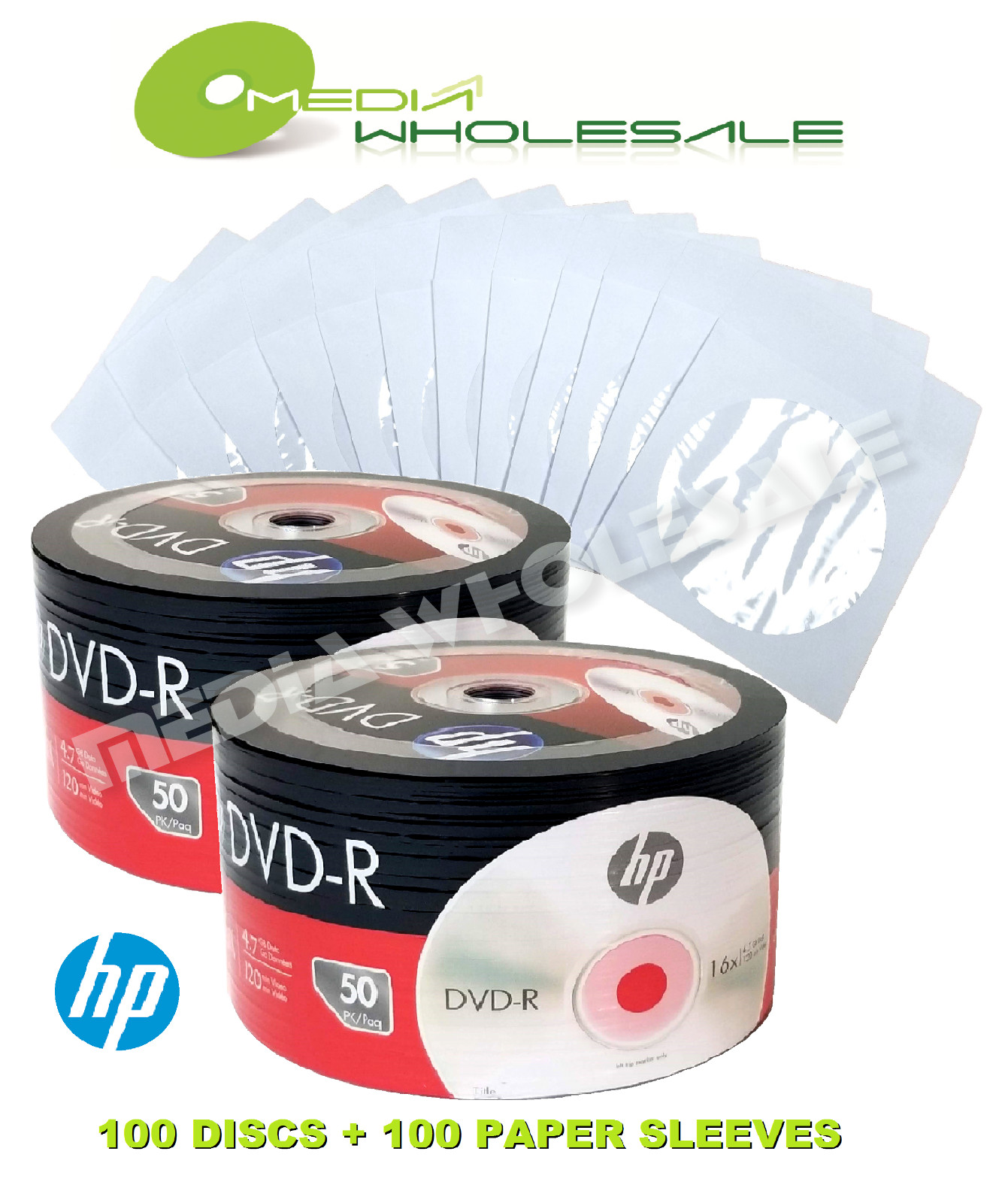 100 HP Blank 16X DVD-R Logo Branded 4.7GB Disc +100 PREMIUM White Paper Sleeves