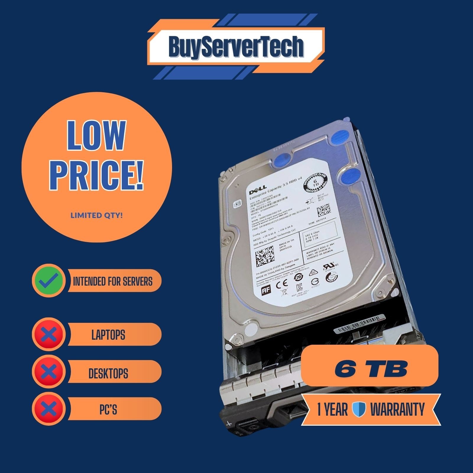 Dell NWCCG 6TB 7.2K RPM 6Gbps SAS 3.5” (ST6000NM0034) Internal HDD