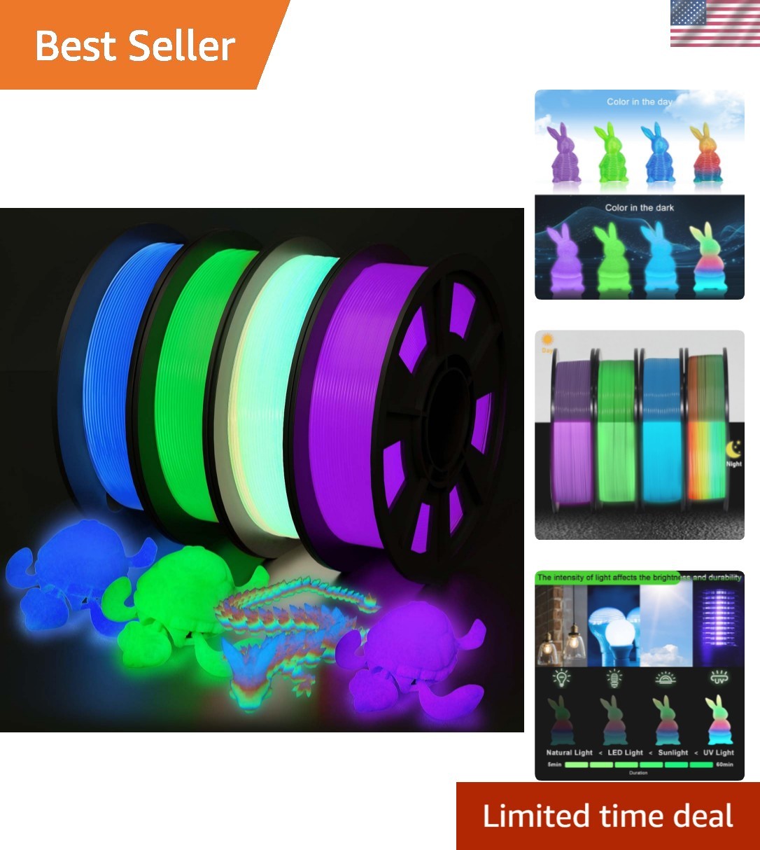 3D Printer Filament Bundle, Glow in The Dark Filament Multicolor, Green, Blue…