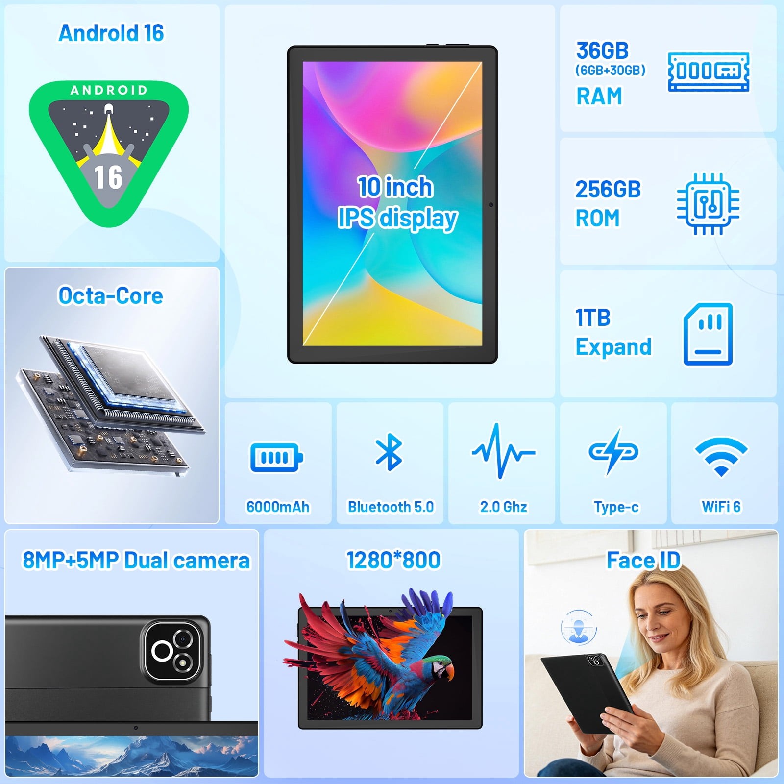 AEEZO Android 16 Tablet 10.1″ 36GB+256GB/2TB Octa Core 6000mAh Widevine L1