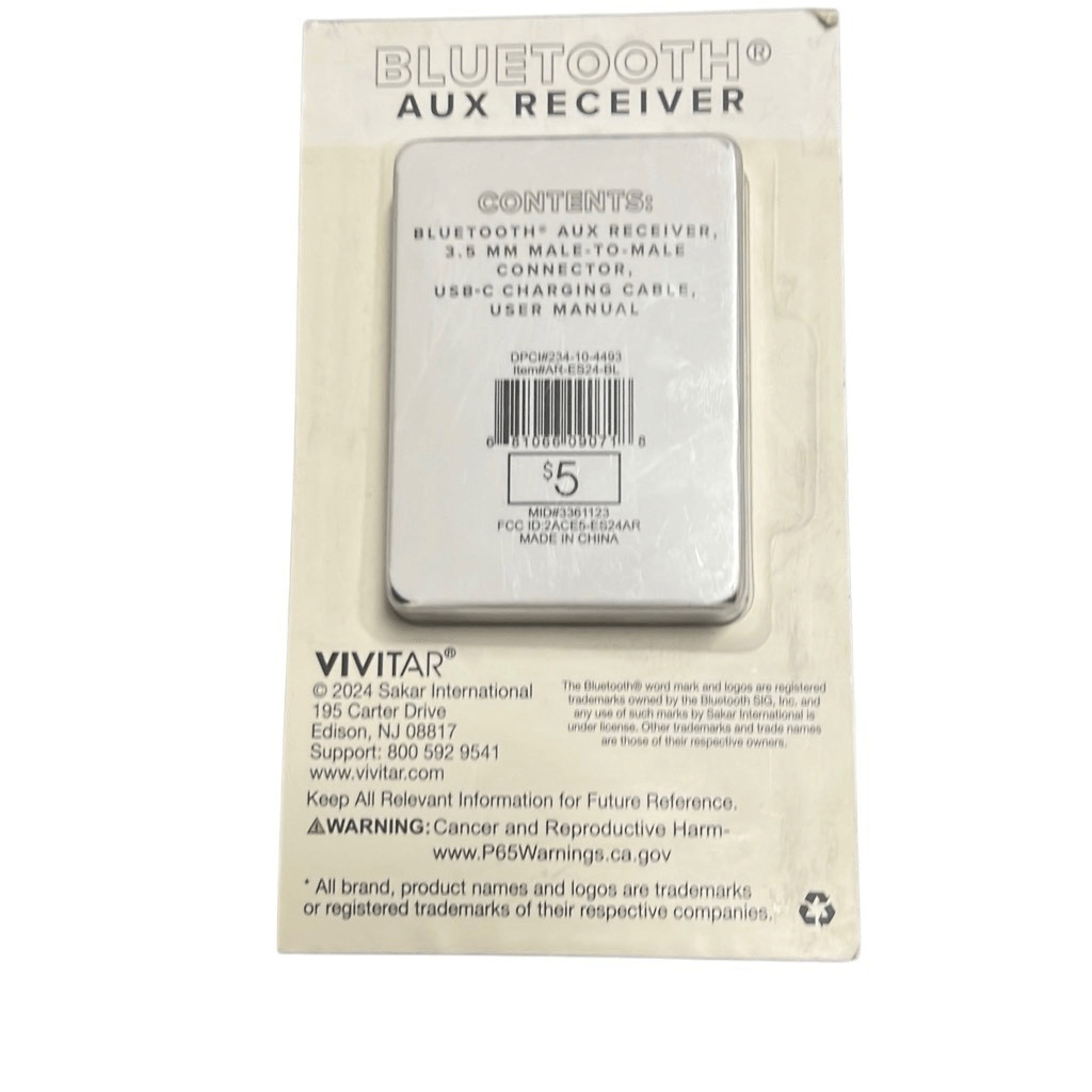 Vivitar Bluetooth AUX Receiver 3.5mm Male to Male USB-C Charge Black New