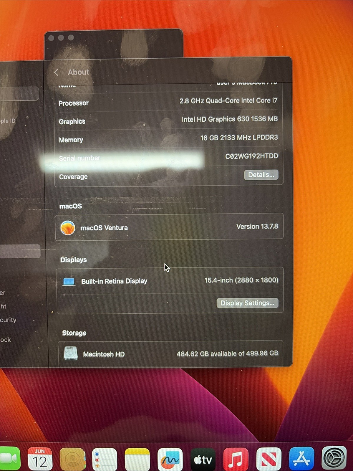 2017 MacBook Pro A1707 – 15″, 2.9GHz i7, 16GB RAM, 512GB SSD, macOS Ventura
