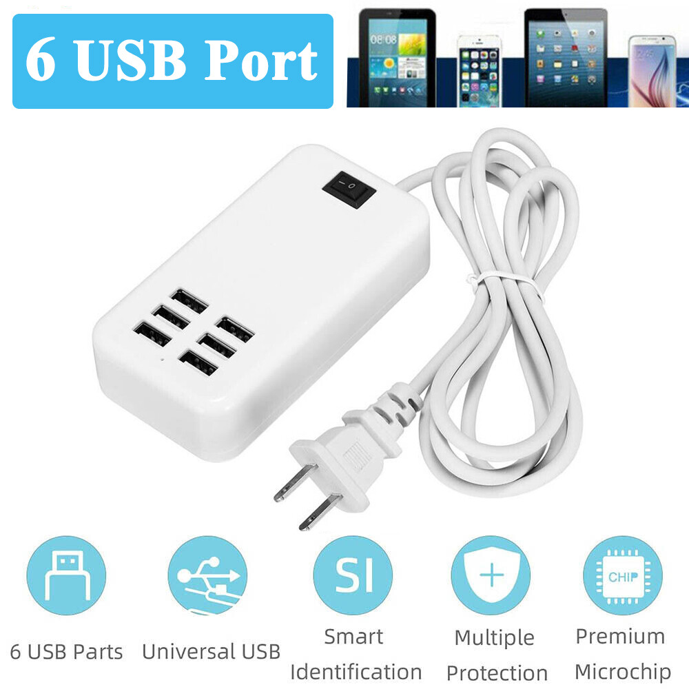 6 Port USB Hub Fast Wall Charger Station Multi-Function AC Power Adapter Desktop