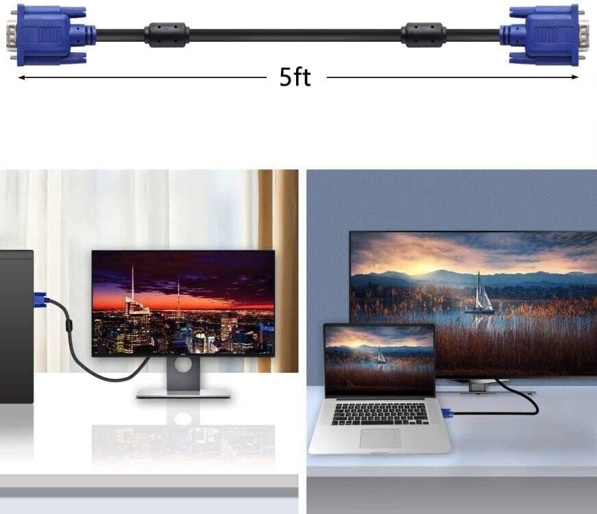 Lot of 100 VGA to VGA Cable 5ft 1080p HD Male to Male Monitor Laptop PC Computer