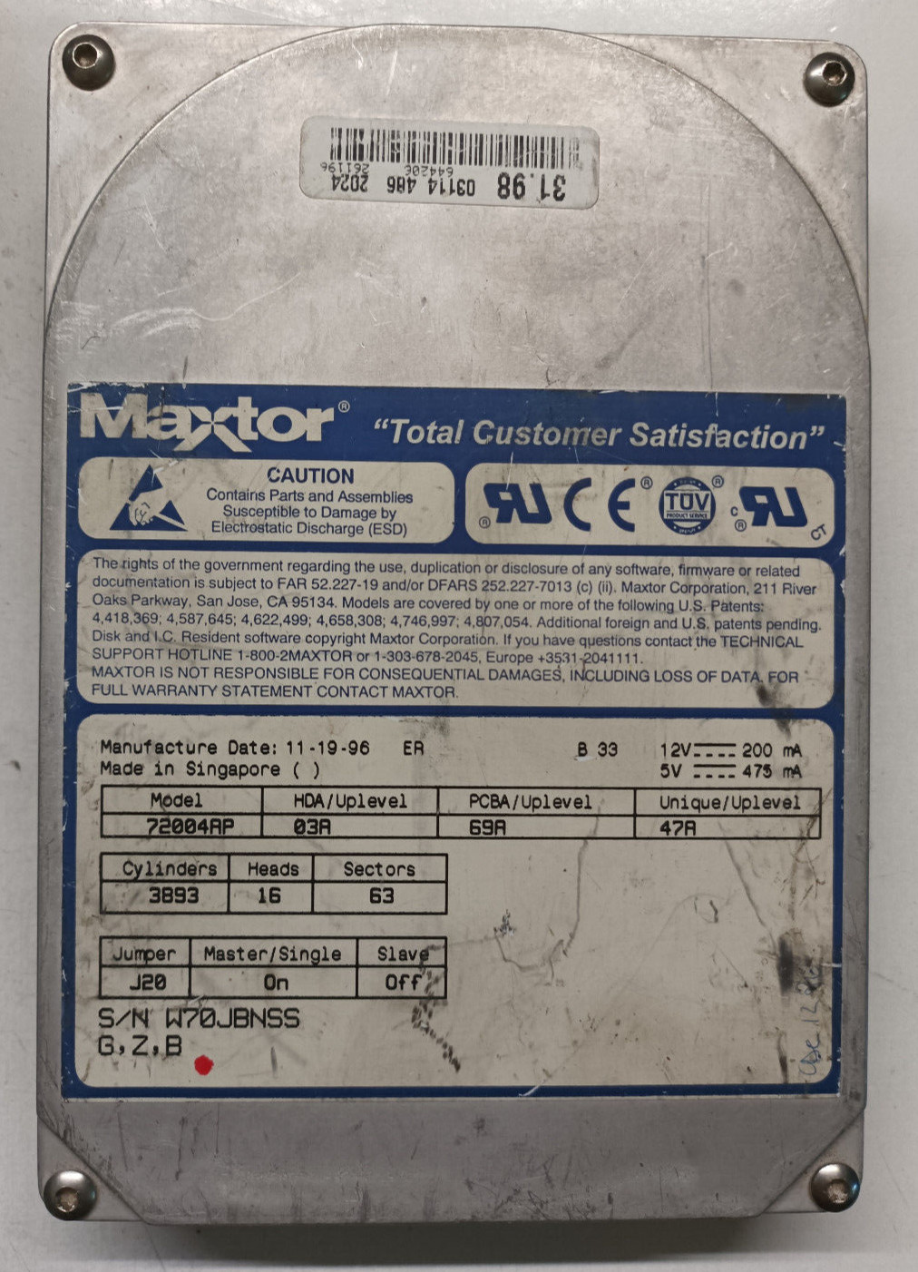Maxtor 72004AP 2gb 31.9803114486 Hard Disk 3.5 IDE HDD