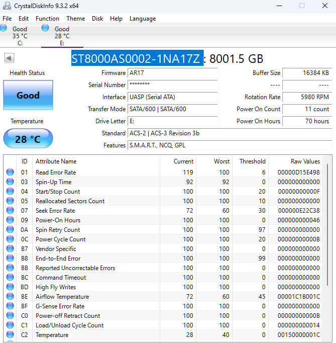 Seagate ST8000AS0002-1NA17Z 8TB Desktop Hard Drive/ Hrs 70