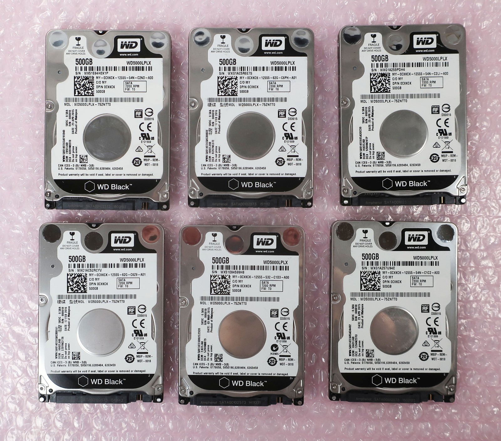 Lot 6 WD Black 500GB 7200RPM 2.5 SATA HDD WD5000LPLX Laptop Tested Good