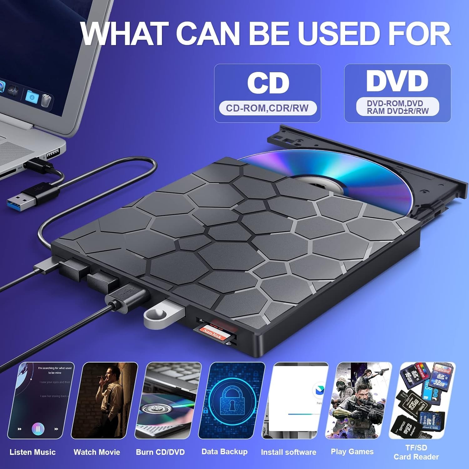 Versatile 8-in-1 USB 3.0 External CD/DVD Drive – Ideal for Long-Term Data Backup