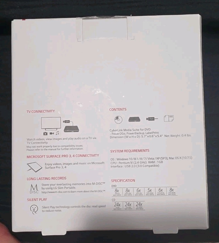 LG Ultra Slim Portable External DVD Writer Disc Burner SP80NB80 – SEALED NEW