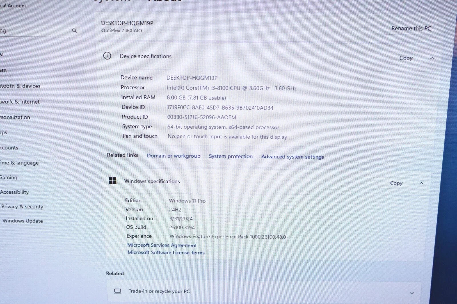 Dell OptiPlex 7460 AIO PC i3-8100 3.60GHz 8GB Ram 256GB SSD W11 w/cable “READ