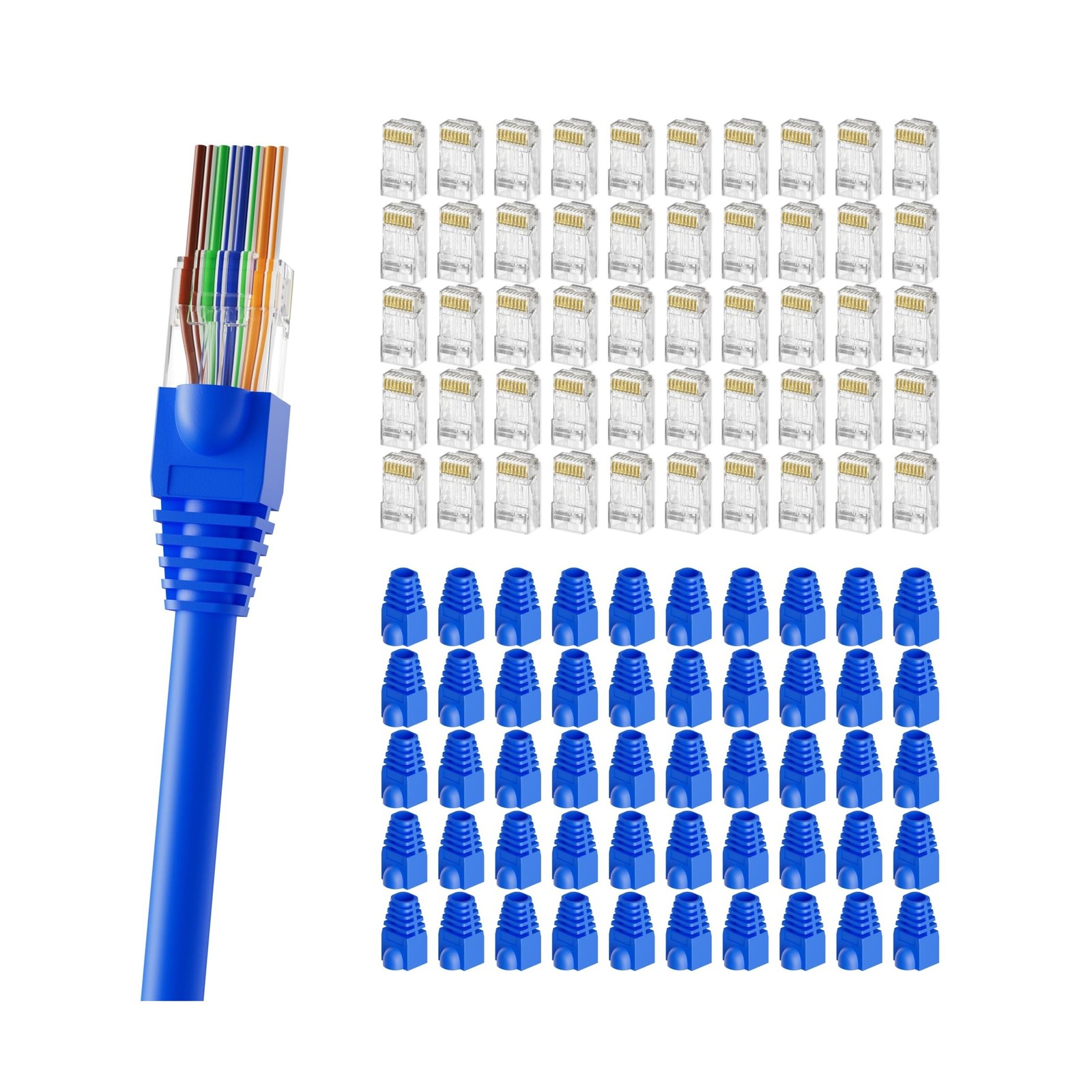 CableGeeker 100-Pack Pass-Through RJ45 Connector with Blue Strain Relief Boot…