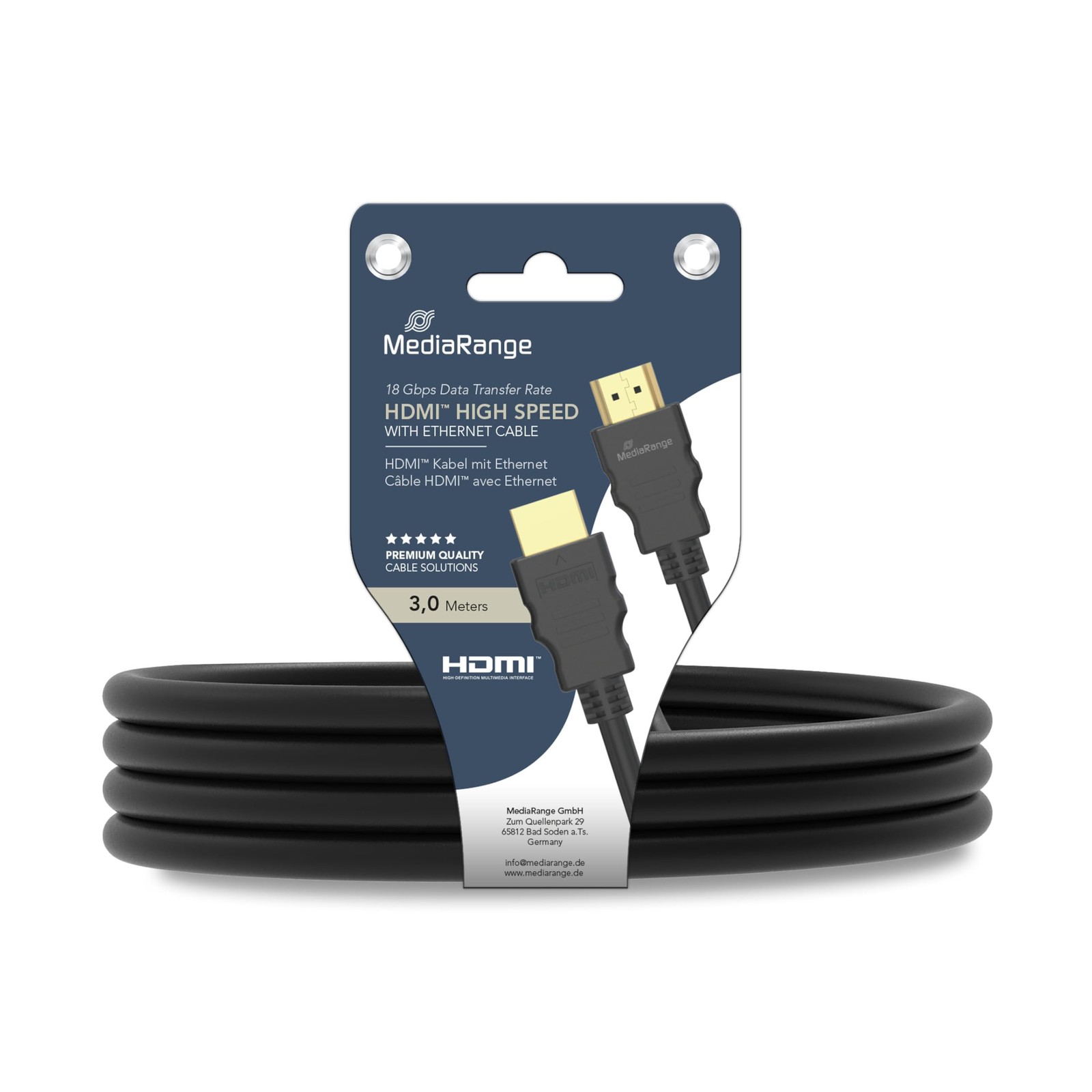 MediaRange HDMI High Speed Connection Cable with Ethernet, Gold-Plated Contacts,
