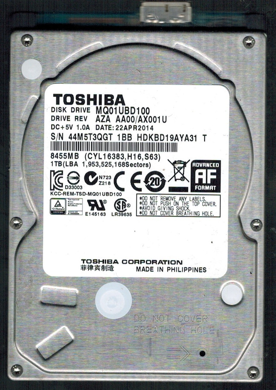 MQ01UBD100 HDKBD19AYA31 T Rev: AZA AA00/AX001 U 1TB APR 2014 PHILIPPINES TOSHIBA