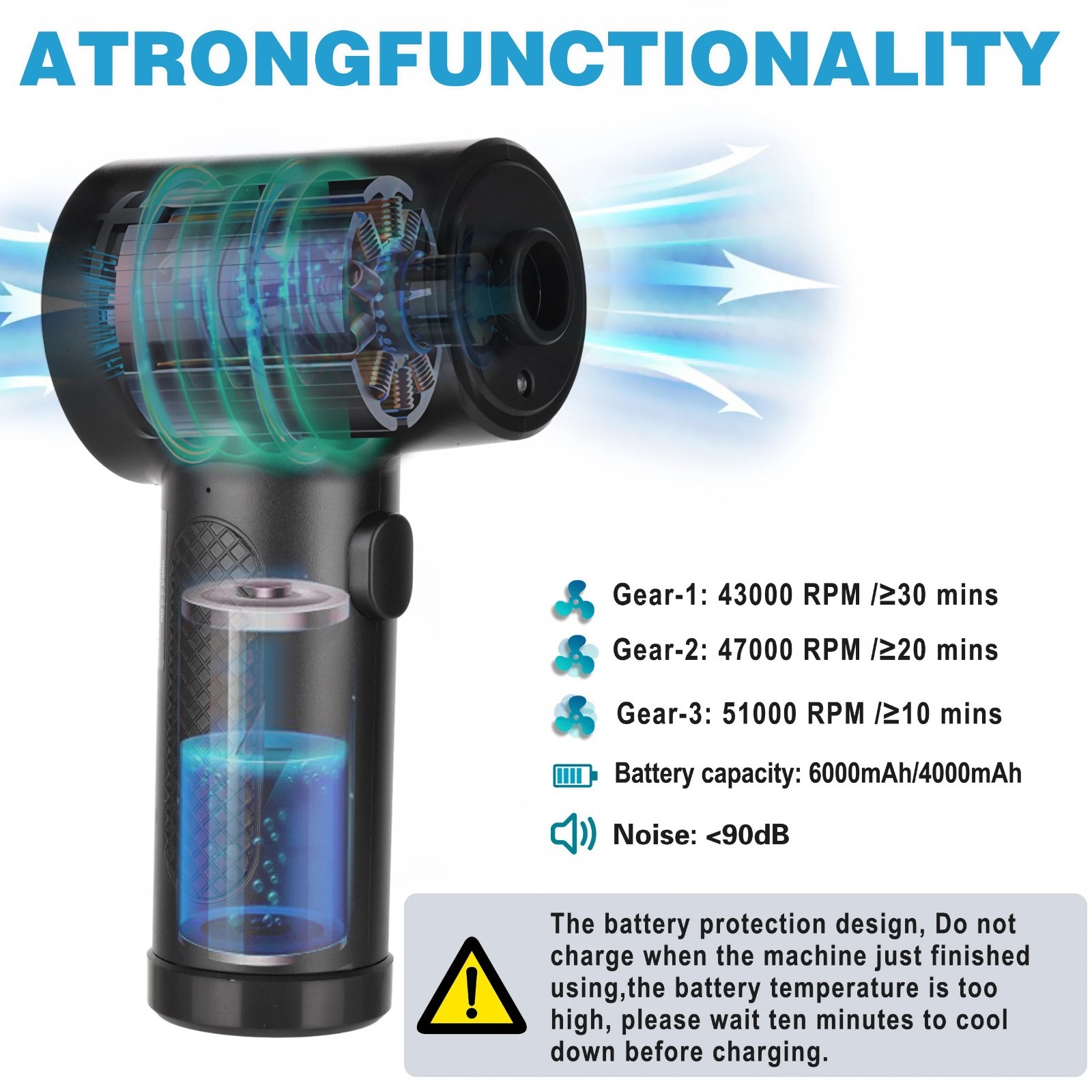 Portable Cordless Air Duster 4000mAh Rechargeable 3-Speed Blower for PC Computer
