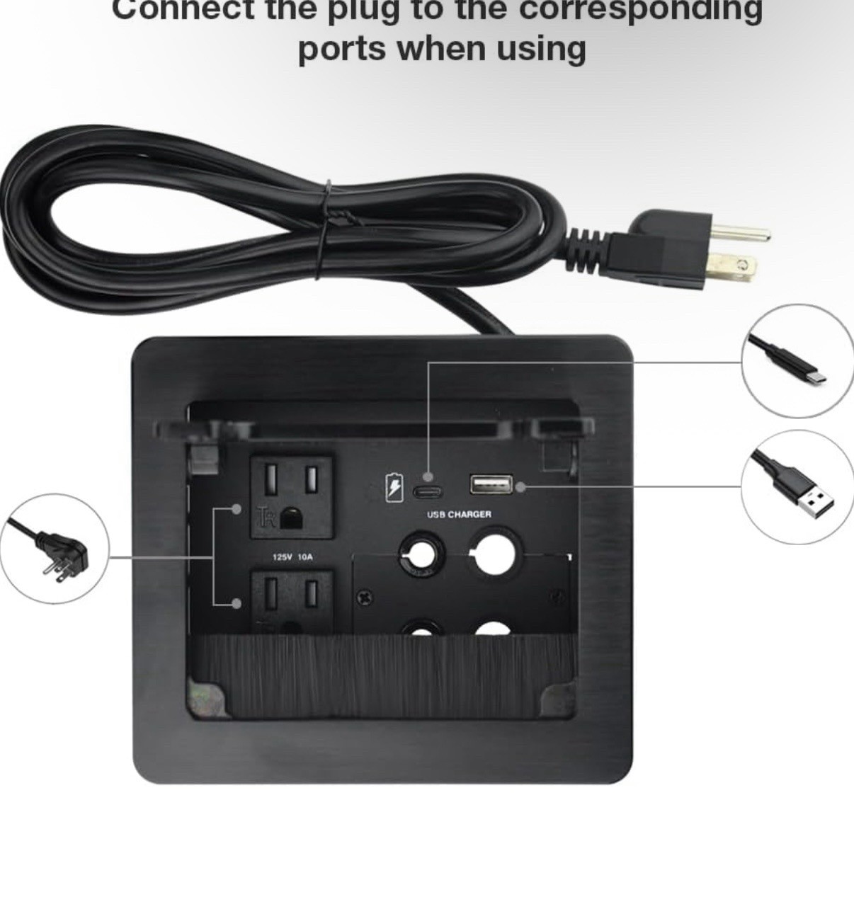 Tabletop Brush Cable Cubby Connectivity Box w2 AC Power 1USB-A Charger 1 USB-C