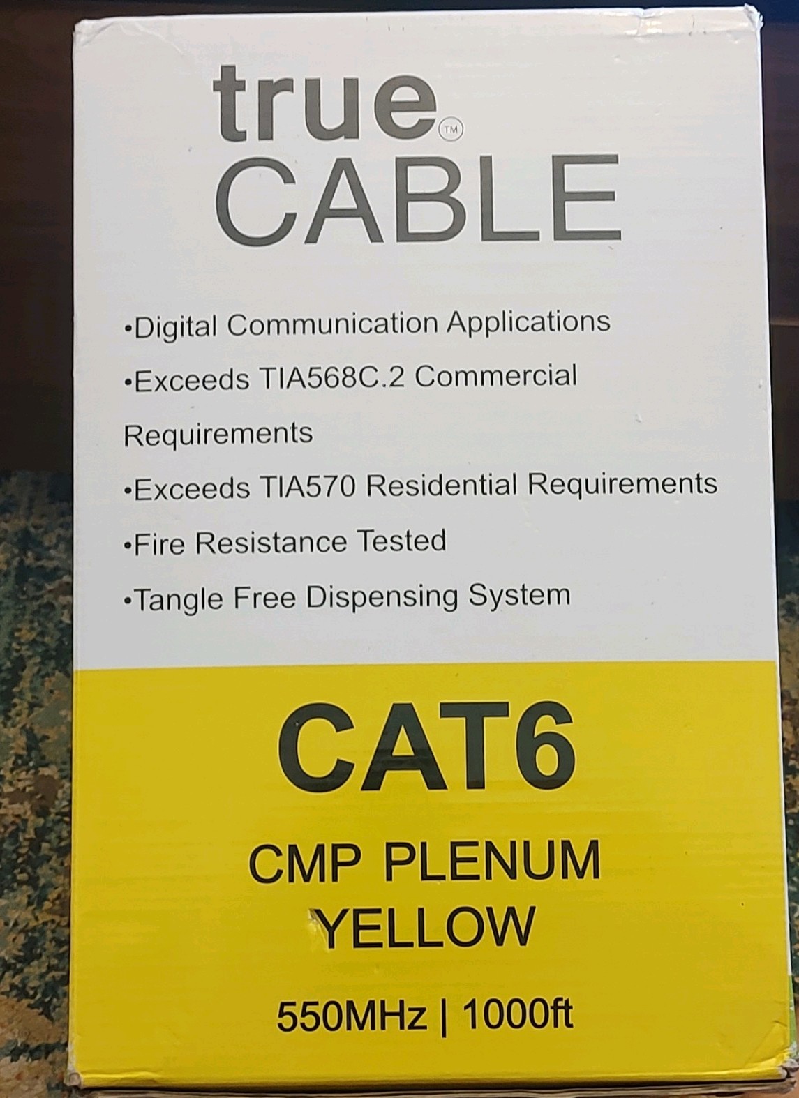 trueCABLE CAT6 (800Ft Left) CMP Plenum Ethernet Cable, Yellow, 1000 ft, 550MHz