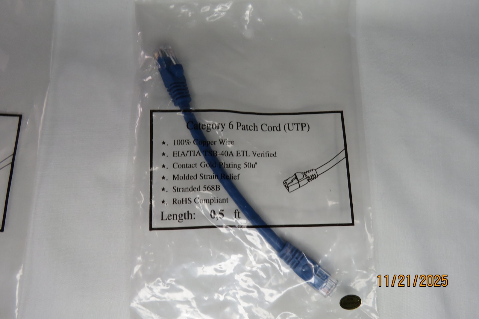 6 Inch Cat6 Ethernet RJ45 Patch Cable Stranded 568B Booted Blue – Lot of 5